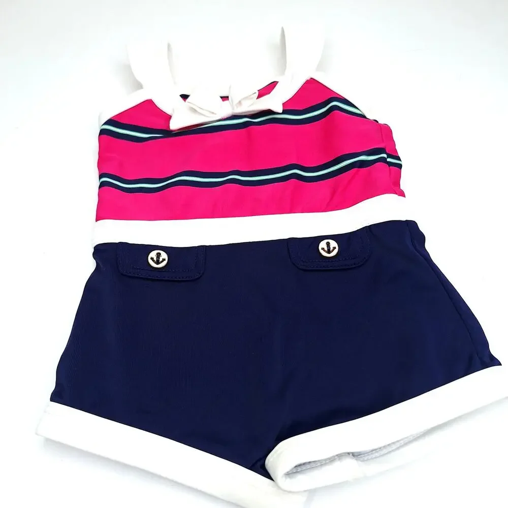 Janie and Jack Sailor Swimsuit Baby Girl 12-18mo Nautical Stripe One Piece Retro
